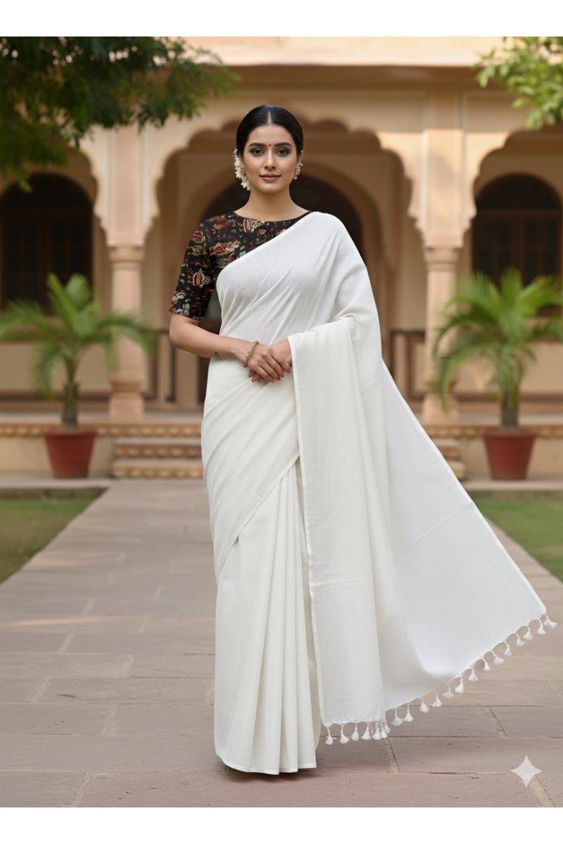 White White Khadi Cotton Saree with Solid Plain Dyed