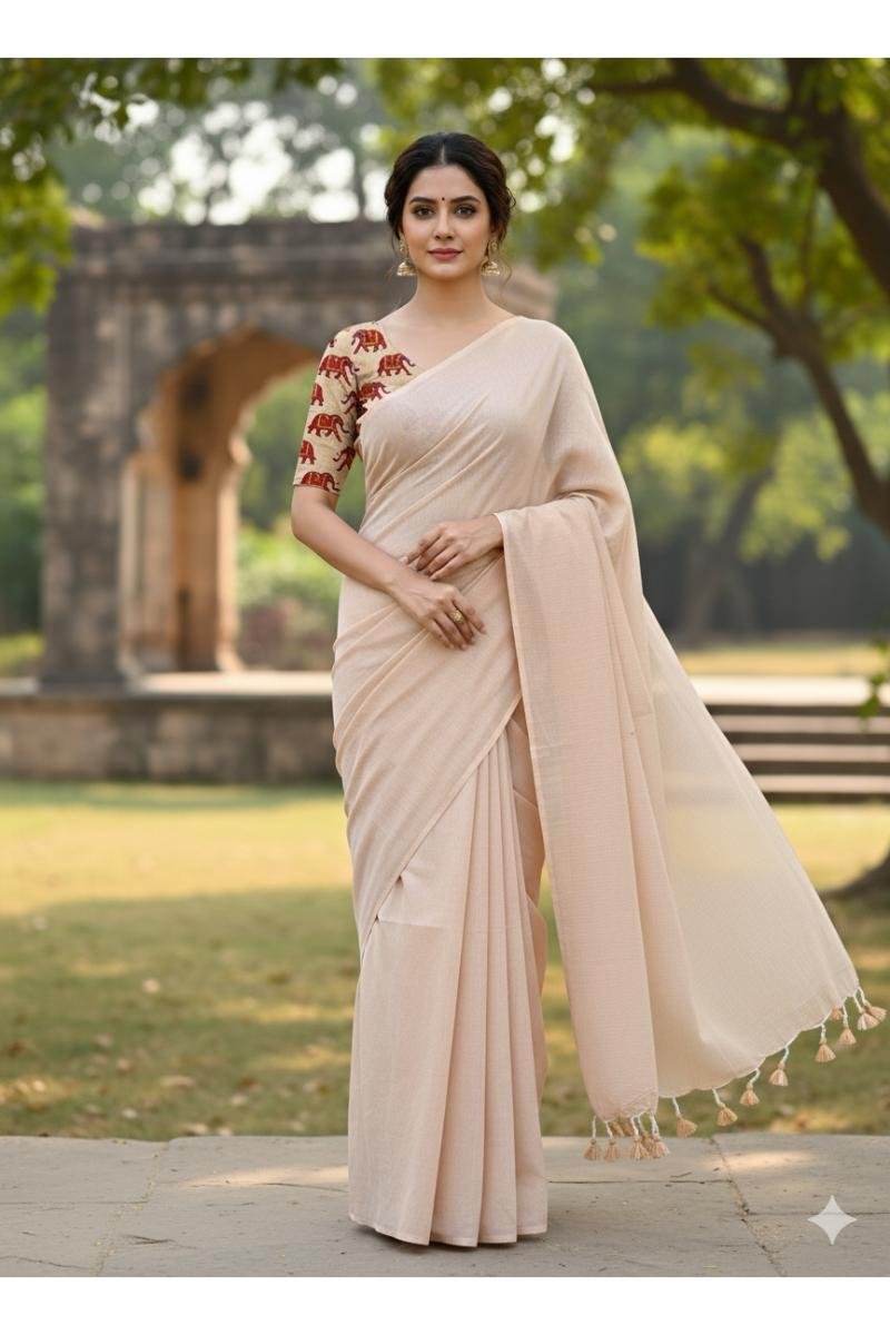 Beige Khadi Cotton Saree with Solid Plain Dyed