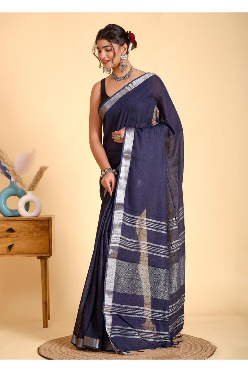 Navy Plain Linen Sarees with Solid Plain Dyed