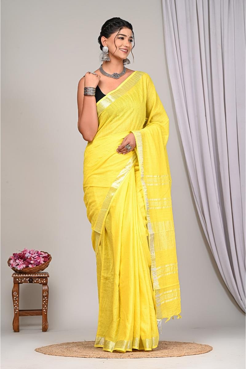 Yellow Plain Linen Cotton Sarees with Solid Plain Dyed