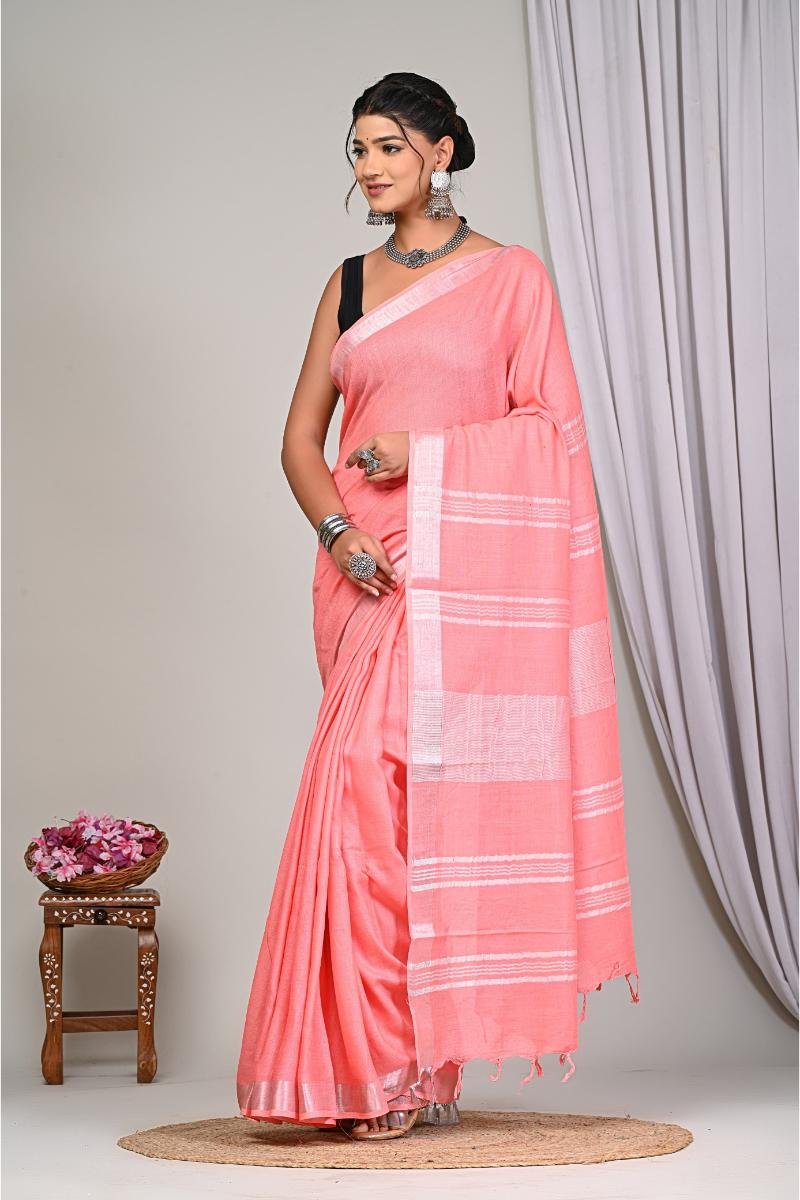 Pink Soft Linen Cotton Sarees with Solid Plain Dyed