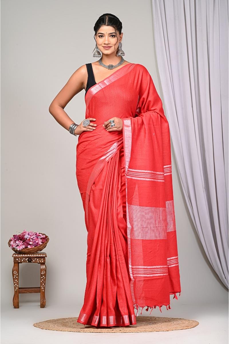 Red Pure Linen Sarees with Solid Plain Dyed