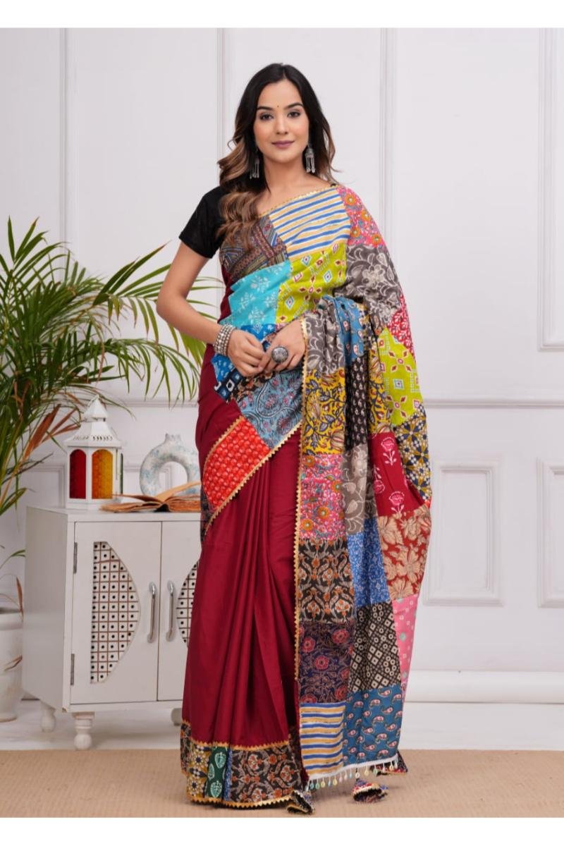 Maroon Cotton Patch Work Saree with Patchwork Ajrakh Print
