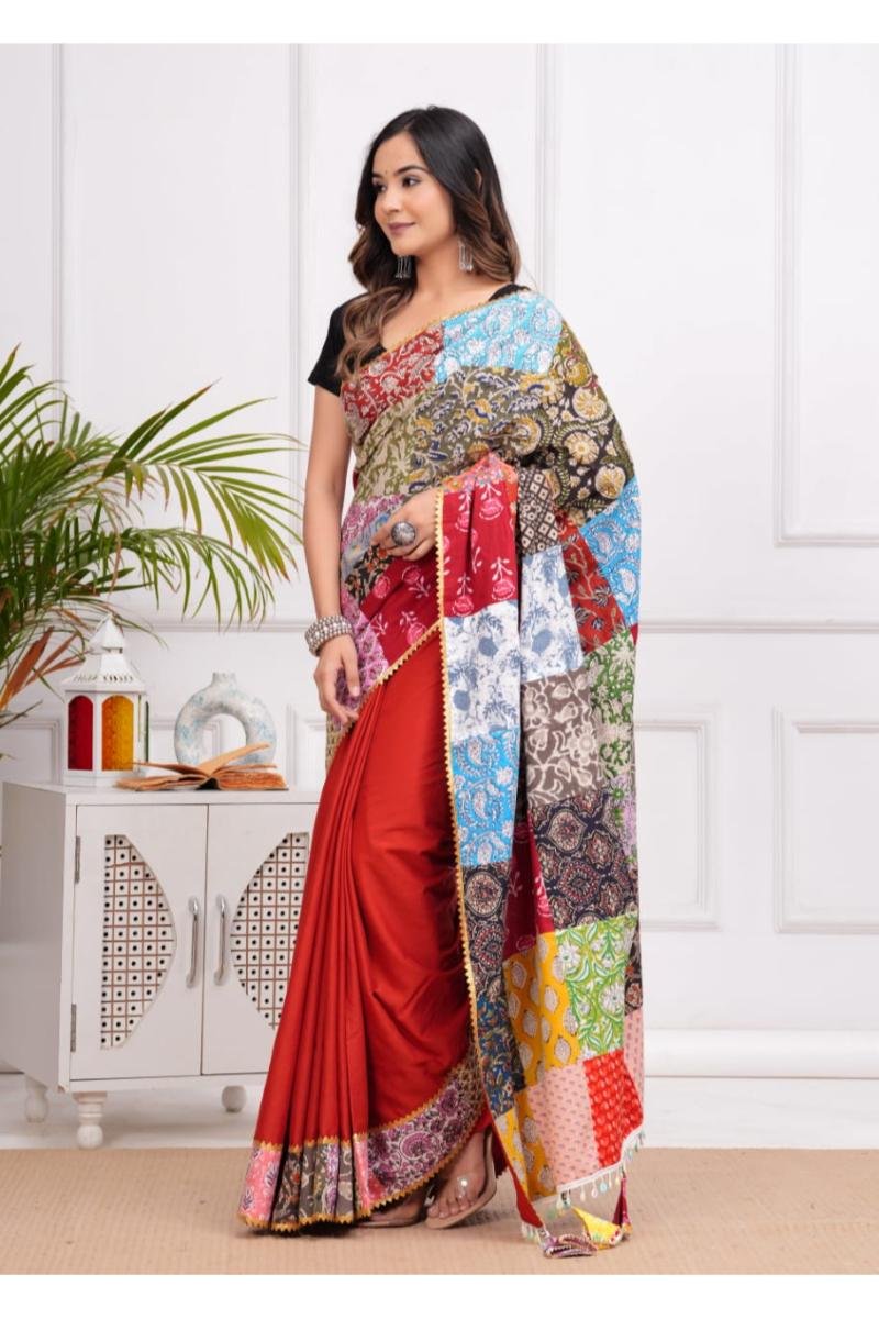 Red Patch Work Cotton Saree with Patchwork Ajrakh Print